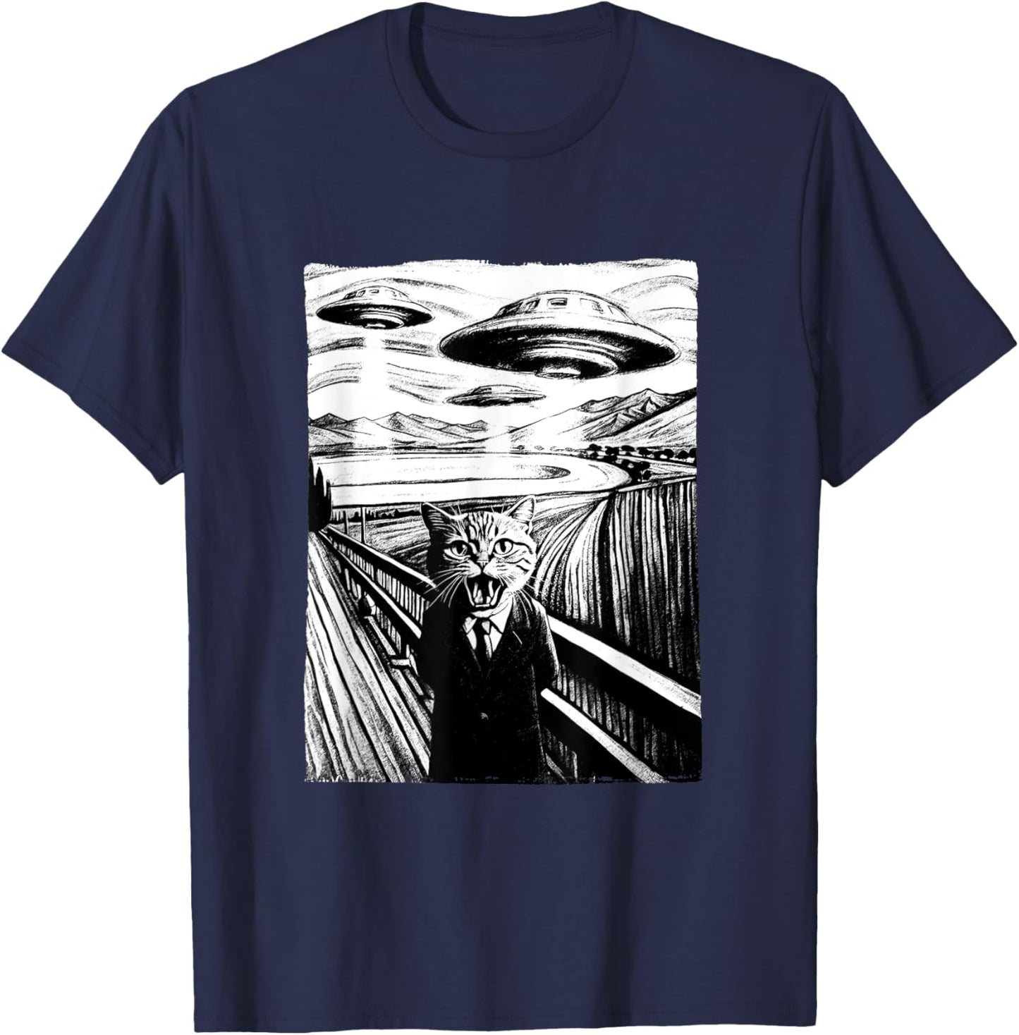 Cat Selfie with Alien and Ufo Men Women Kids T-Shirt - T-Shirt | Navy