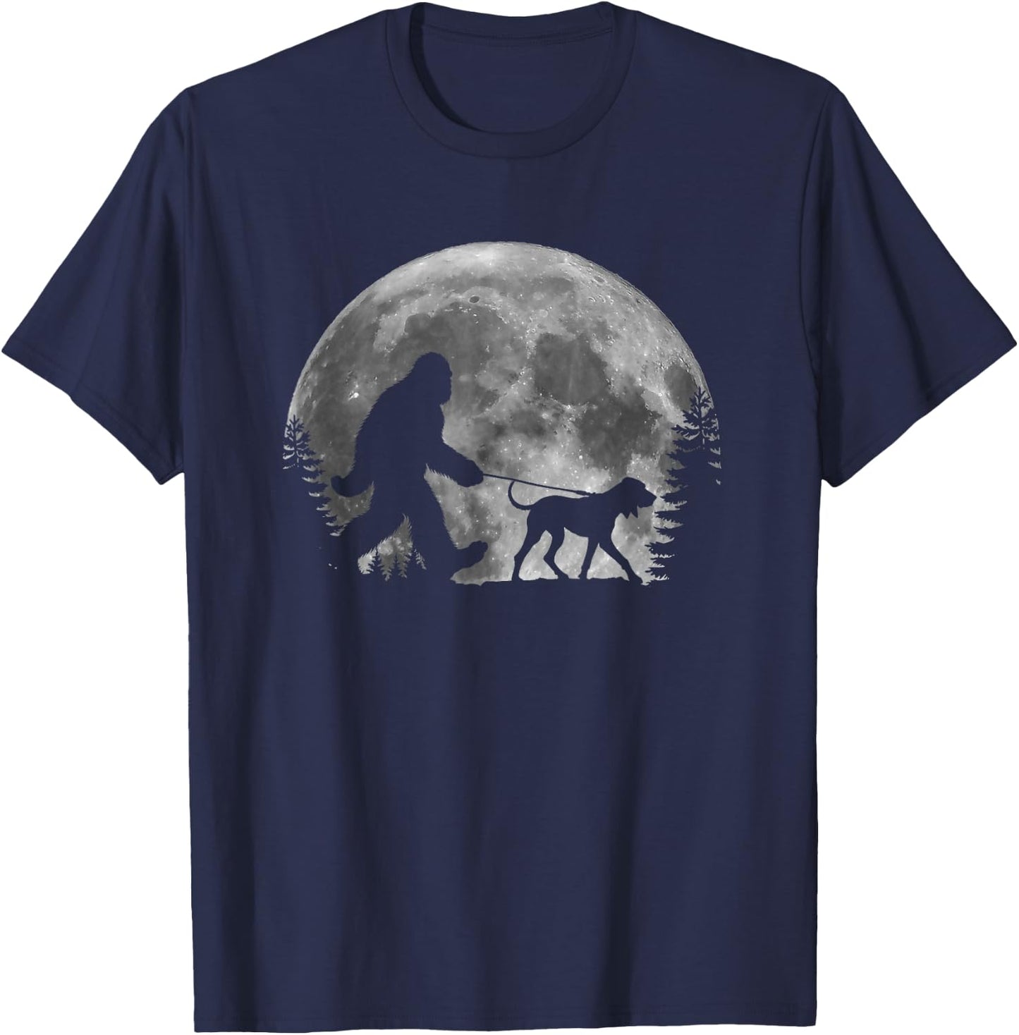 Bigfoot Walking a Dog Funny Coonhound Lovers Moon Halloween Men Women Kids T-Shirt - T-Shirt | Navy