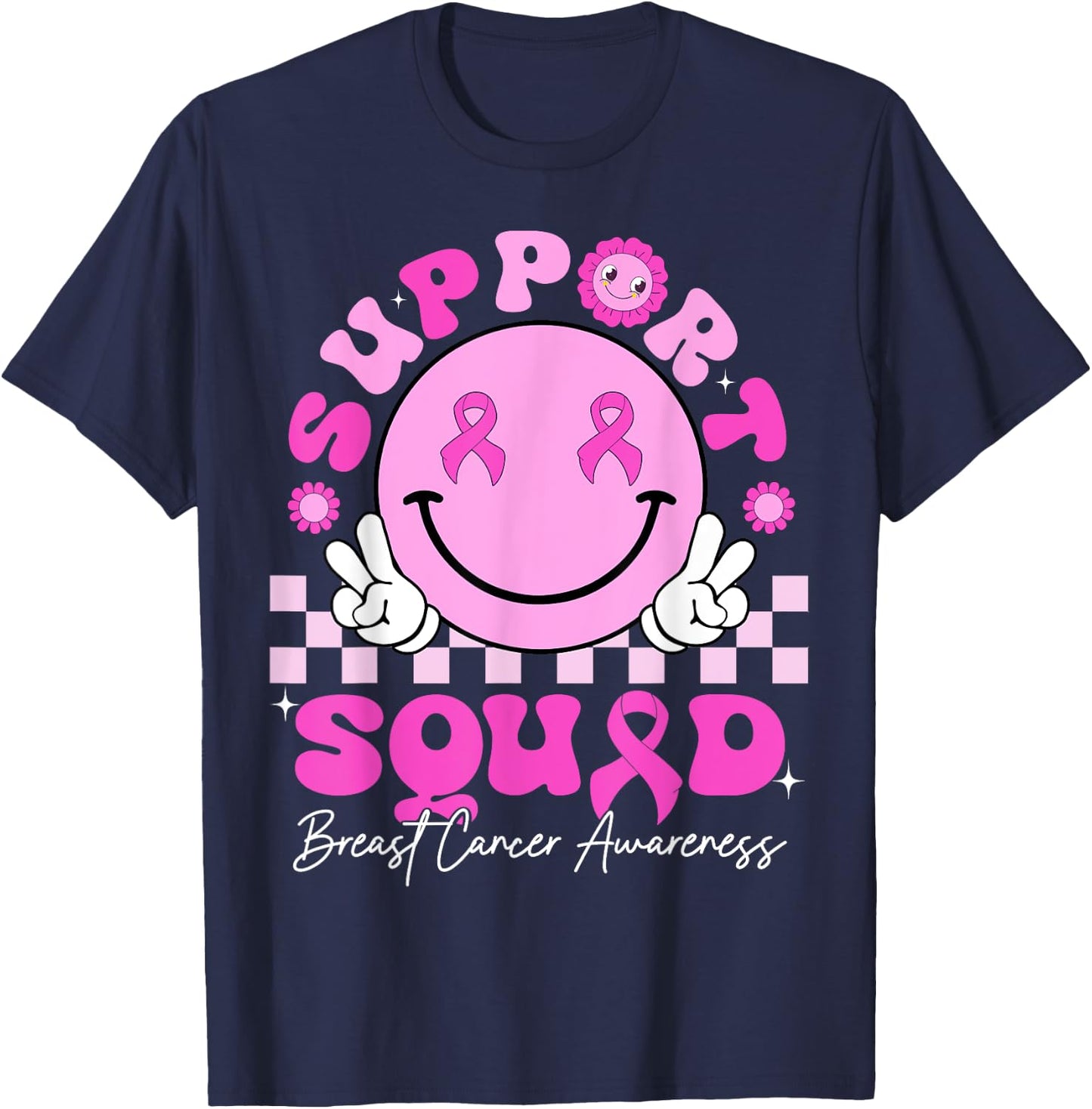 Retro Groovy Support Squad Breast Cancer Awareness October T-Shirt - T-Shirt | Navy