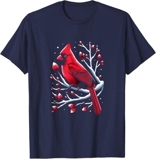 Cardinal Bird in Snowy Berries Birdwatching Bird lover Cute T-Shirt - T-Shirt | Navy