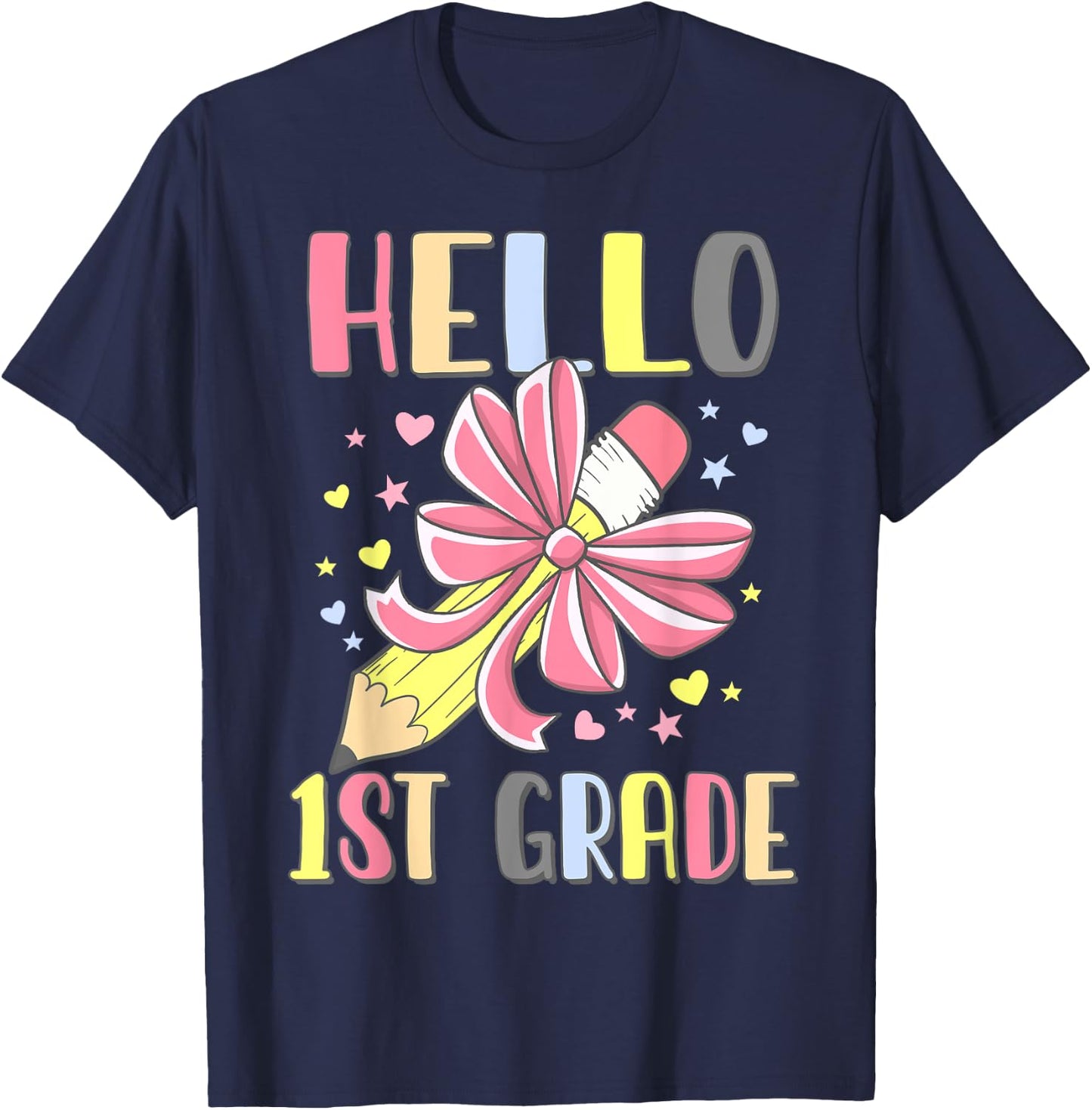 Hello First Grade Girl Coquette Bow Back To School 1st Grade T-Shirt - T-Shirt | Navy