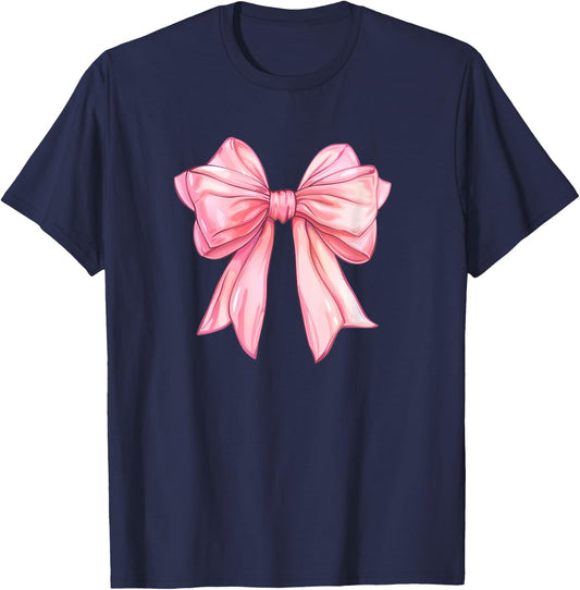 Coquette Pink Bow Watercolor Girly Big Pink Bow Soft Women T-Shirt - T-Shirt | Navy