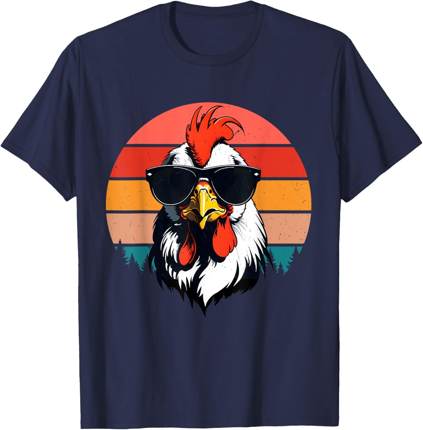 Funny Cool Sunset Retro 70s 80s 90s Chicken in Sunglasses T-Shirt - T-Shirt | Navy