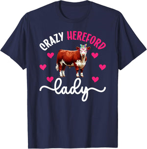 Crazy Hereford Lady Hereford Cow Mom Hereford Cow Lover T-Shirt - T-Shirt | Navy