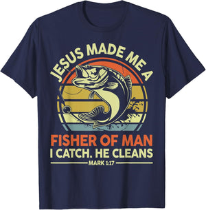 Bass Fishing Jesus Made Me Fisher Of Man Funny Christian Dad T-Shirt - T-Shirt | Navy