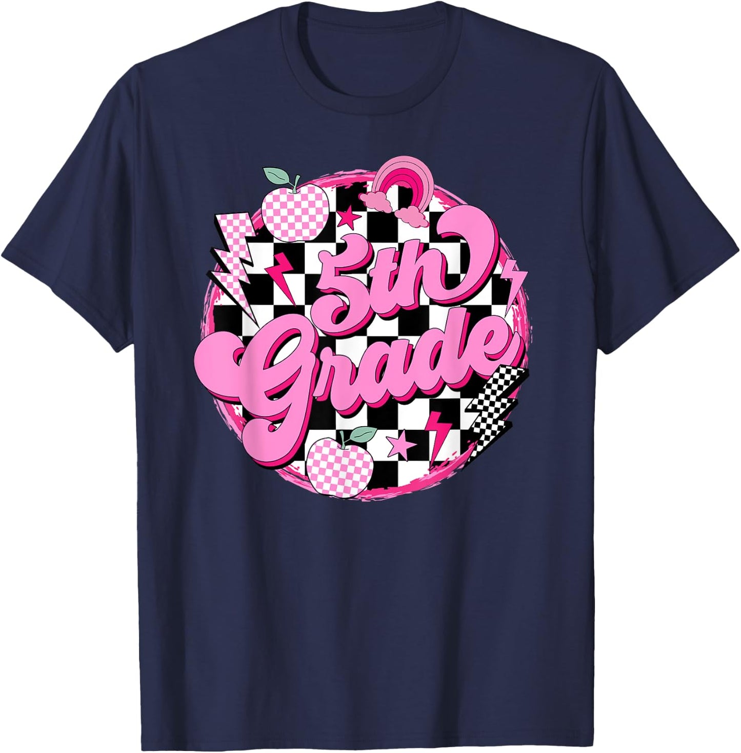 5th Grade Teacher Women Retro Checkered First Day of School T-Shirt - T-Shirt | Navy