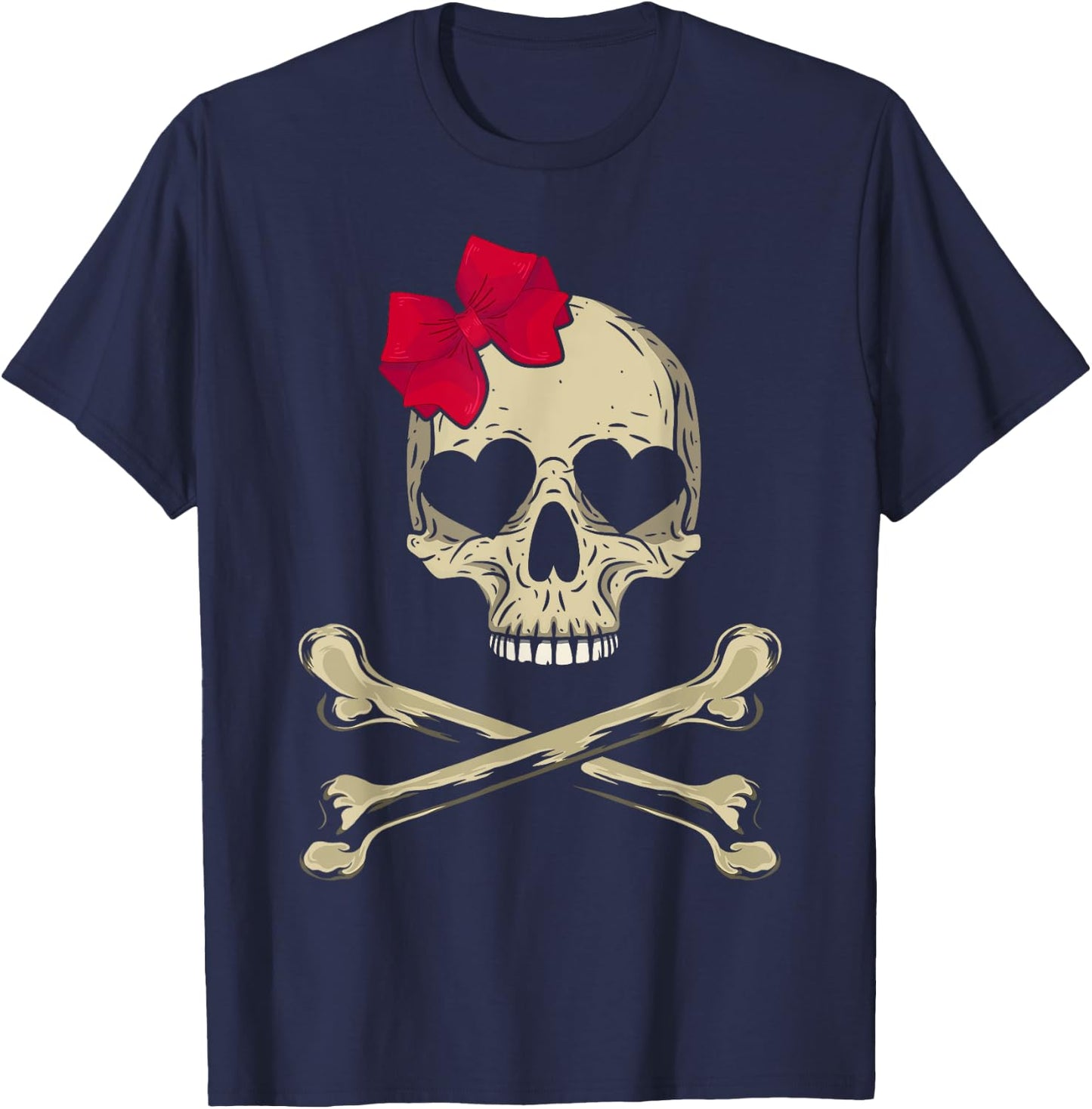 Cute Skull and Cross bone Pink Bow Tie Women Girls Adorable T-Shirt - T-Shirt | Navy