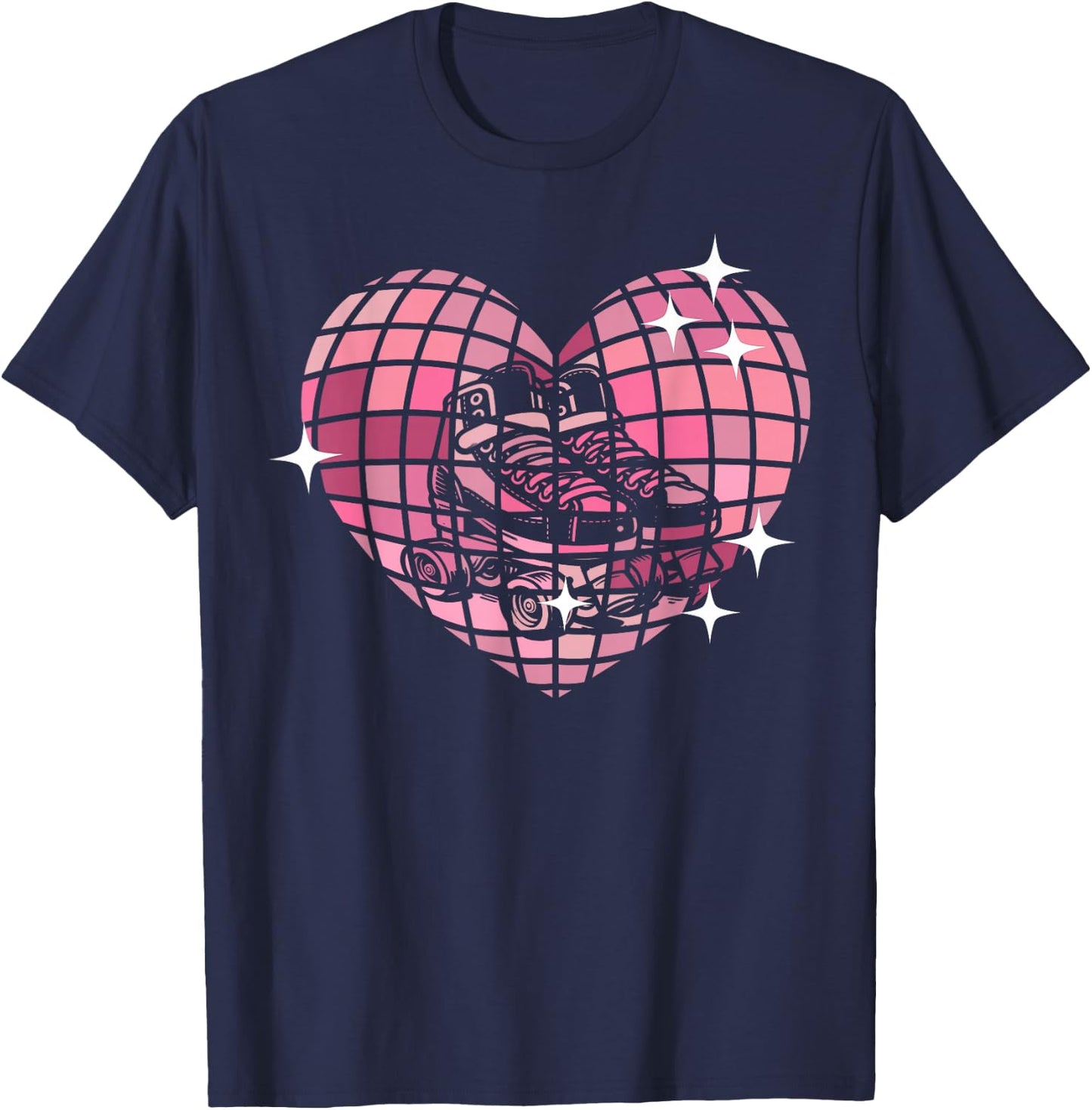 Cool Roller Skating Skate Girl 1970s Retro Disco Ball Heart T-Shirt - T-Shirt | Navy