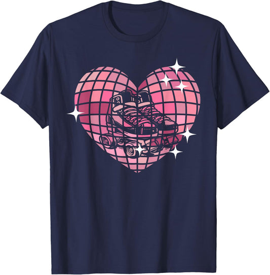 Cool Roller Skating Skate Girl 1970s Retro Disco Ball Heart T-Shirt - T-Shirt | Navy