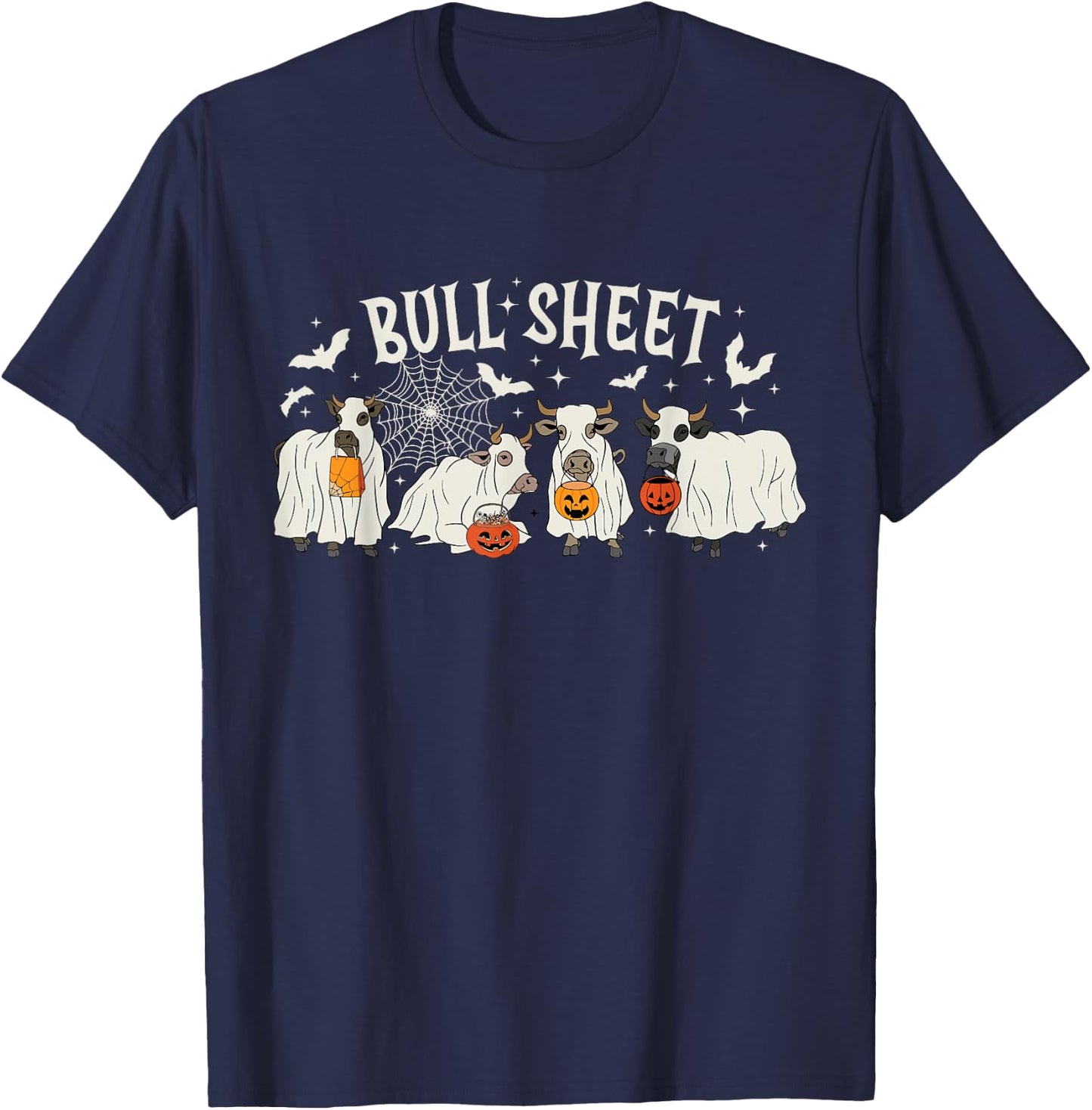 Funny Halloween Cow Bull Sheet Cow Ghost Spooky Season Farm T-Shirt - T-Shirt | Navy