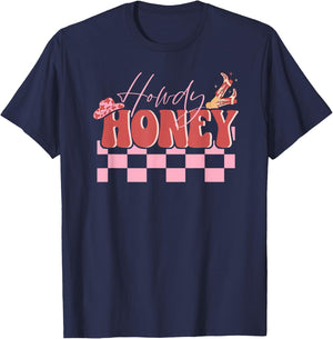 Retro Howdy Honey Cowgirl Boot Western Valentines Day T-Shirt - T-Shirt | Navy