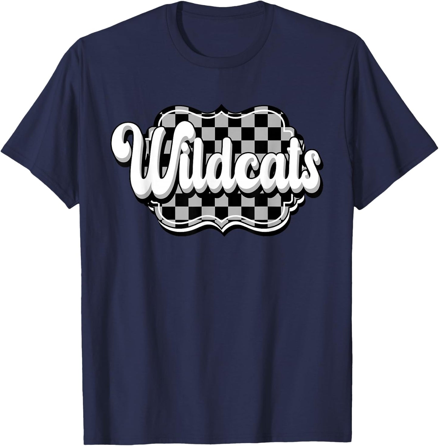 Wildcats School Spirit Retro Wildcats Checkered Print T-Shirt - T-Shirt | Navy