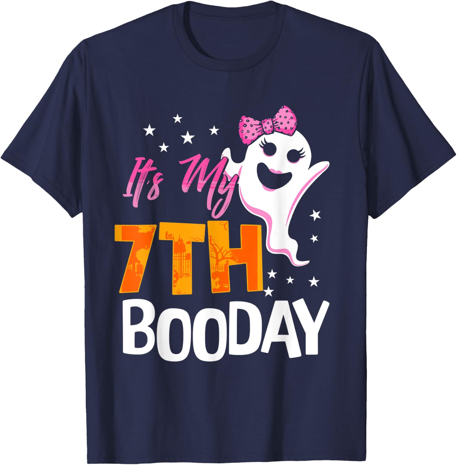 Its My 7th Boo Day Cute Halloween Birthday Ghost Pink Bow T-Shirt - T-Shirt | Navy
