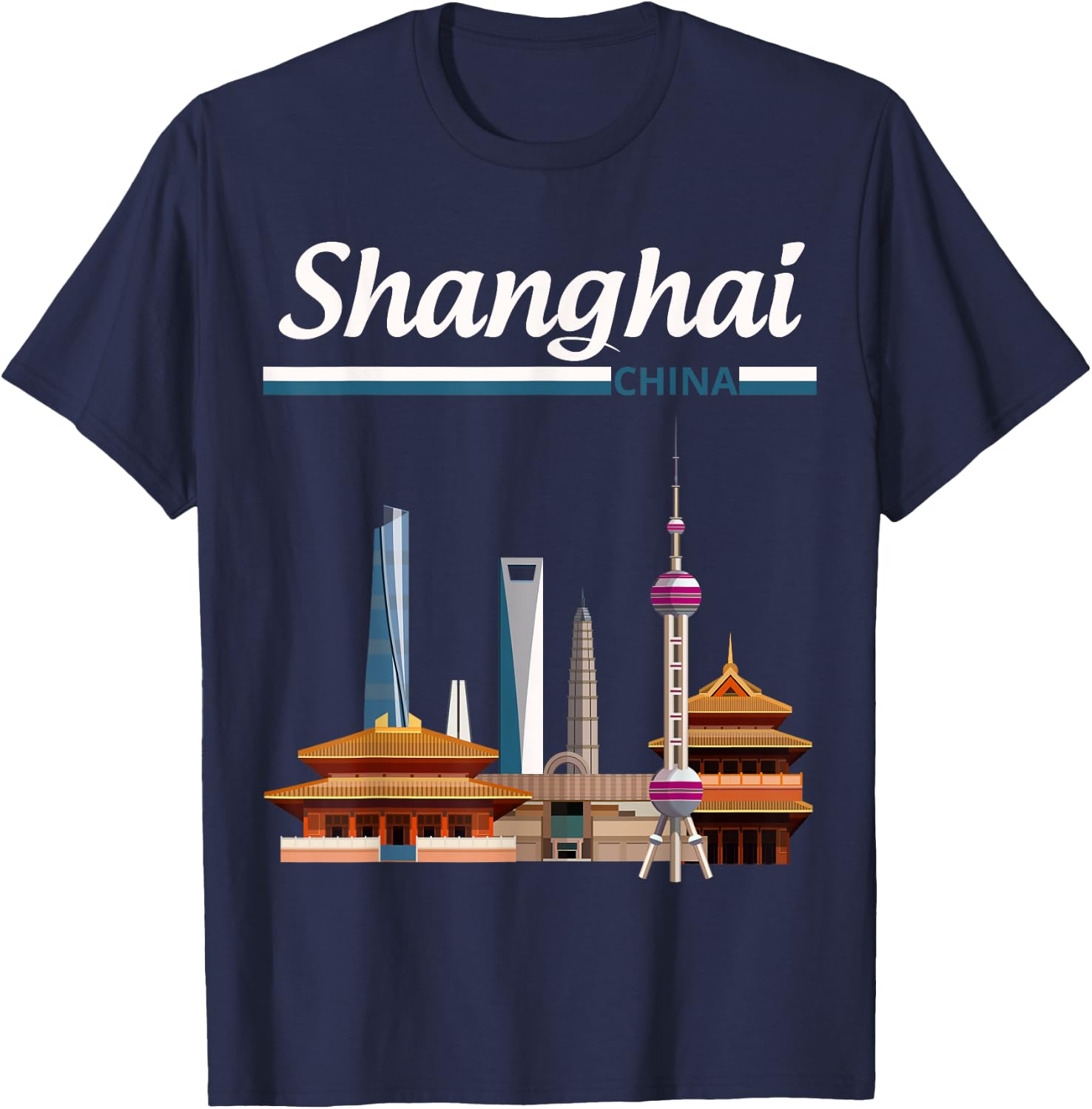 Shanghai city skyline with the Pearl Tower, Shanghai Tower T-Shirt - T-Shirt | Navy