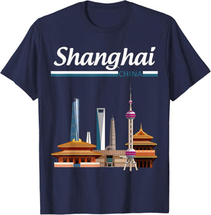 Shanghai city skyline with the Pearl Tower, Shanghai Tower T-Shirt - T-Shirt | Navy