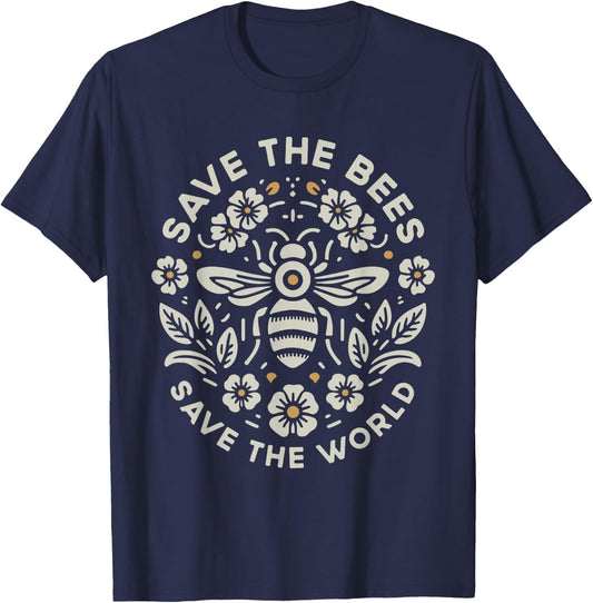 Save The Bees Save The World Floral Bee T-Shirt - T-Shirt | Navy