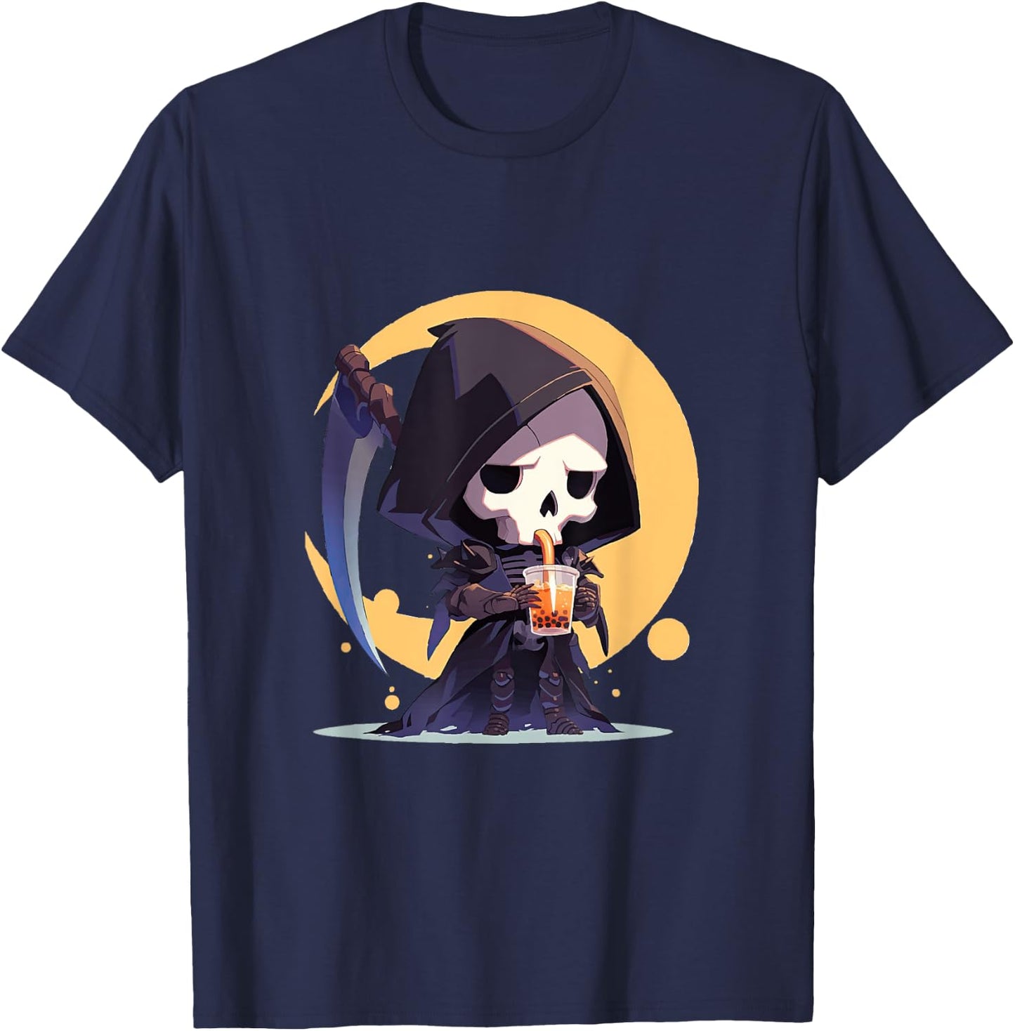 Cute Chibi Grim Reaper Drinking Boba Tea T-Shirt - T-Shirt | Navy
