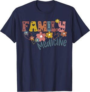 Floral Retro Family Medicine Health Clinic Office Staff T-Shirt - T-Shirt | Navy
