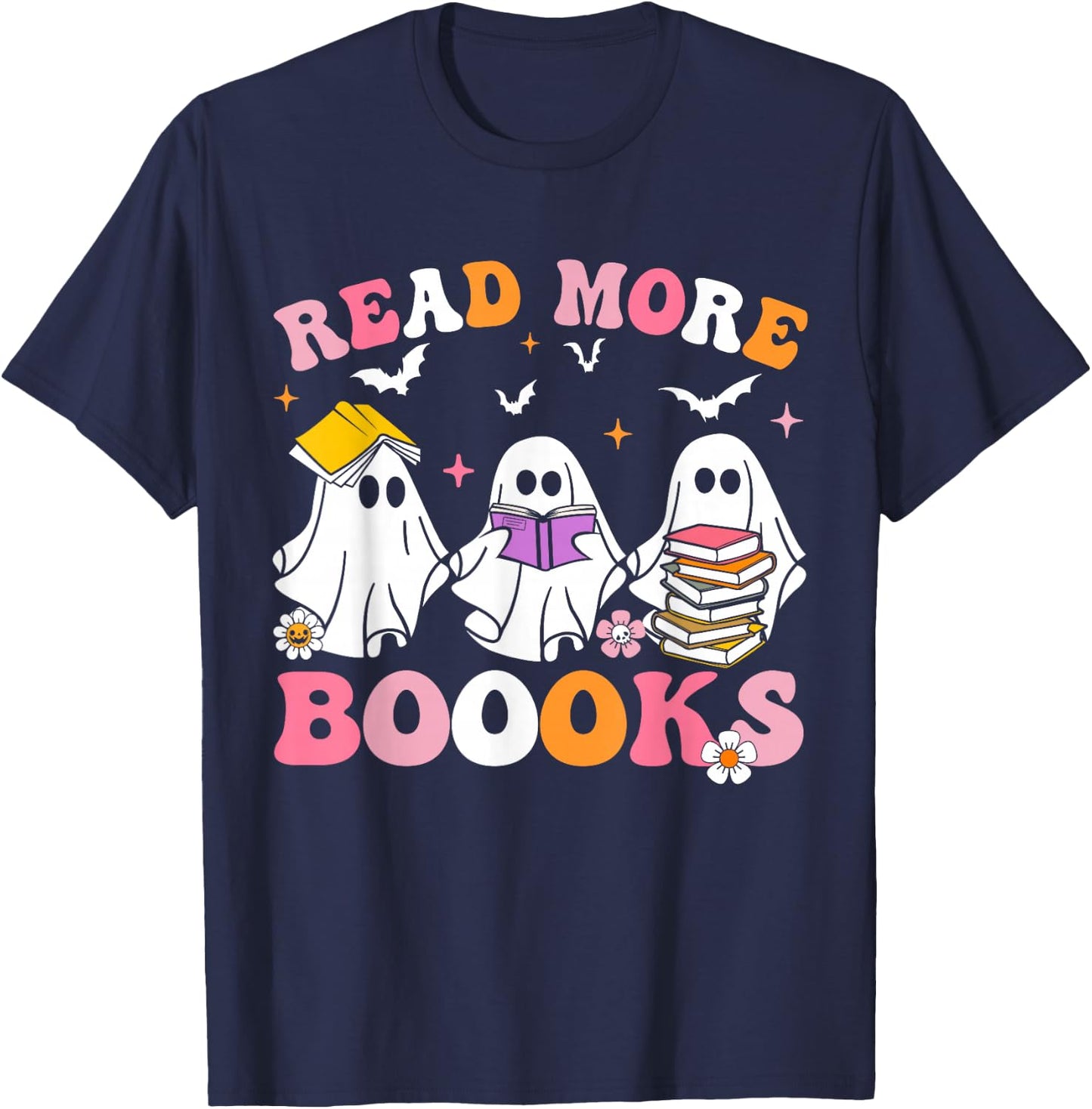 Groovy Cute Ghost Read More Books Funny Teacher Halloween T-Shirt - T-Shirt | Navy