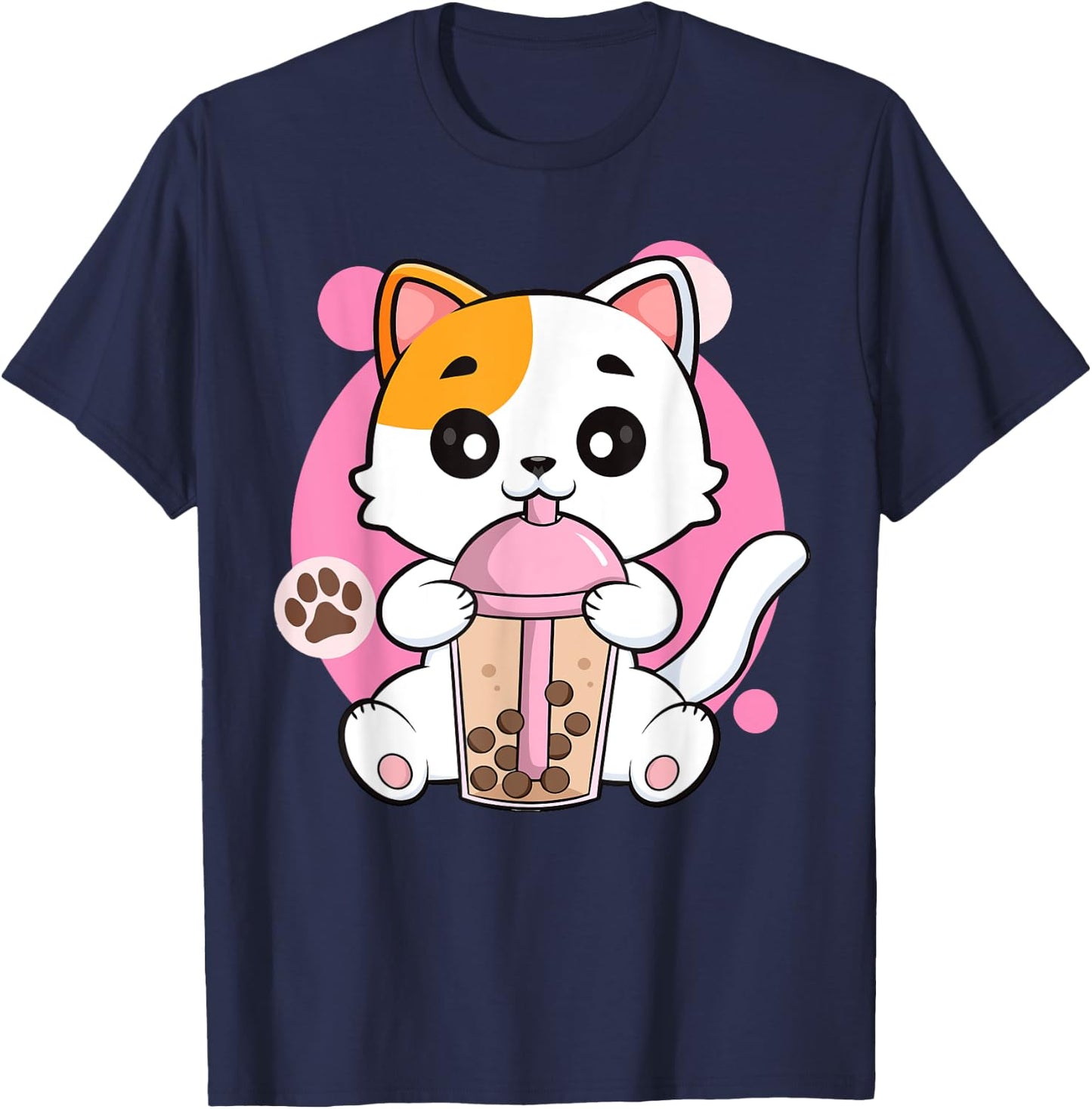 Cute Cat Shirt Boba Tea Anime Japanese Kids Teen Girl Kawaii T-Shirt - T-Shirt | Navy