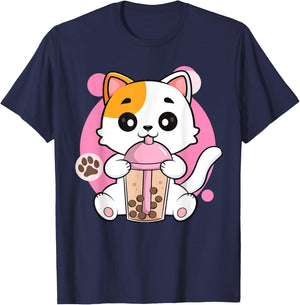 Cute Cat Shirt Boba Tea Anime Japanese Kids Teen Girl Kawaii T-Shirt - T-Shirt | Navy
