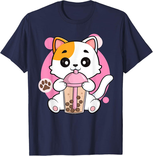 Cute Cat Shirt Boba Tea Anime Japanese Kids Teen Girl Kawaii T-Shirt - T-Shirt | Navy