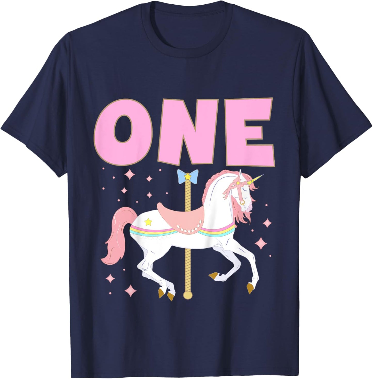 Kids Carousel Party First Birthday Baby Girl One Year Old Unicorn T-Shirt - T-Shirt | Navy