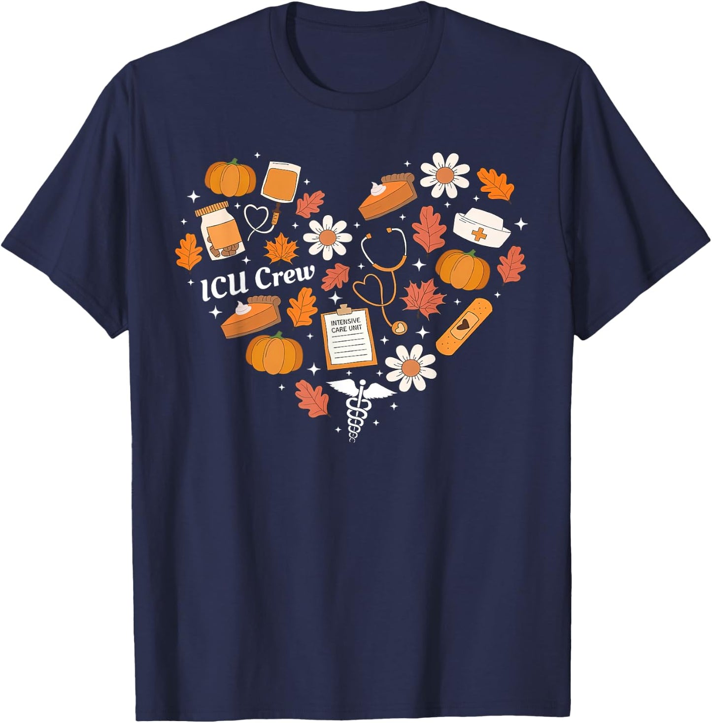 ICU Crew Nurse Fall Heart Autumn Pumpkin Thanksgiving CVICU T-Shirt - T-Shirt | Navy