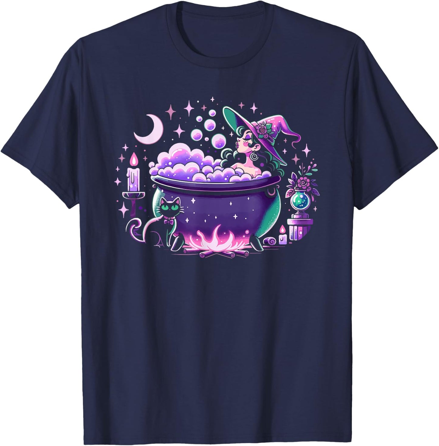 Witch Bubble Bath Cauldron Purple Pink Pastel Goth Cute Cat T-Shirt - T-Shirt | Navy