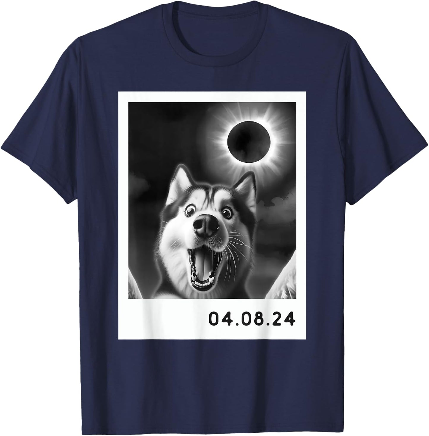 Solar Eclipse 2024 Totality Siberian Husky Taking a Selfie T-Shirt - T-Shirt | Navy