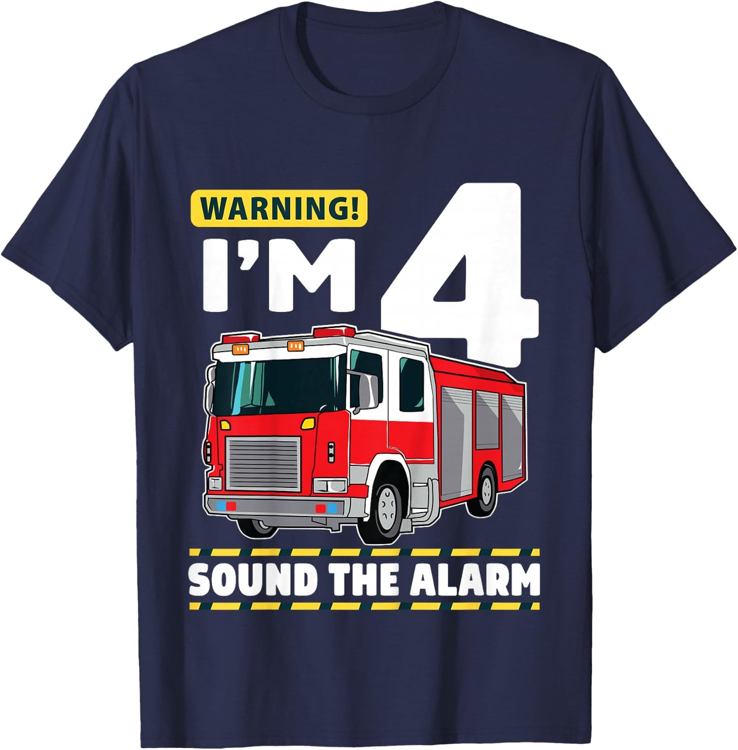 Kids Fire Truck 4 Year Old Firefighter 4th Birthday Boy Four T-Shirt - T-Shirt | Navy