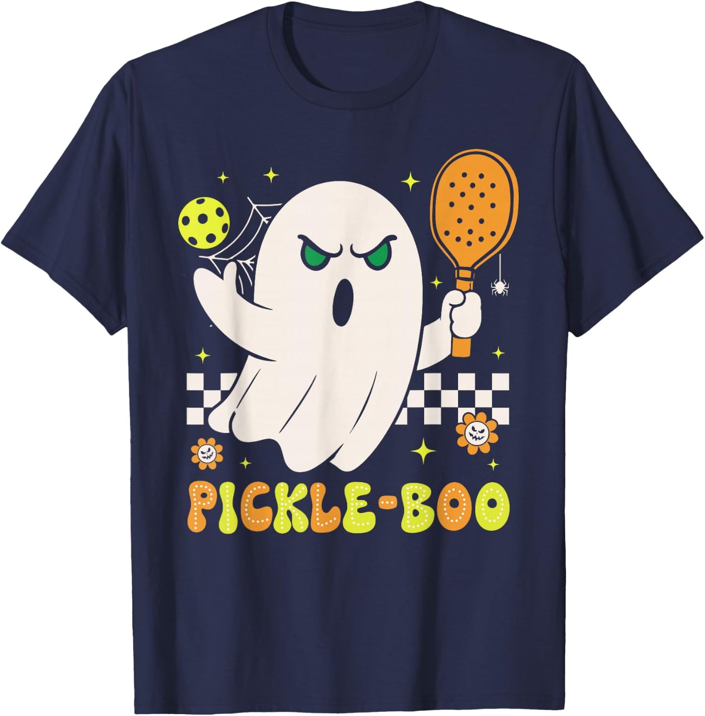 Groovy Halloween Pickleball Pickle Boo Ghost Men Women Kids T-Shirt - T-Shirt | Navy