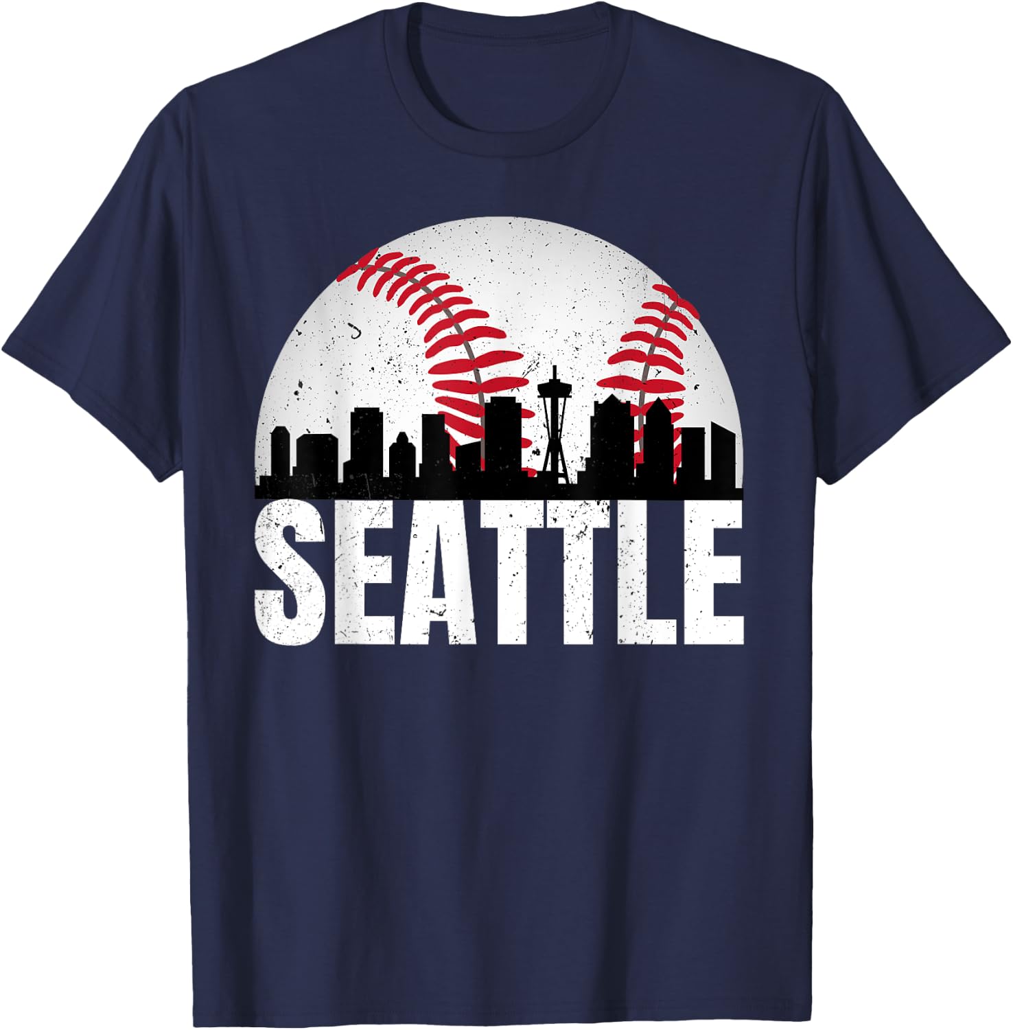 Vintage Seattle Skyline Baseball Retro Cityscap Washington T-Shirt - T-Shirt | Navy