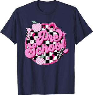 Preschool Teacher Women Retro Checkered First Day of School T-Shirt - T-Shirt | Navy