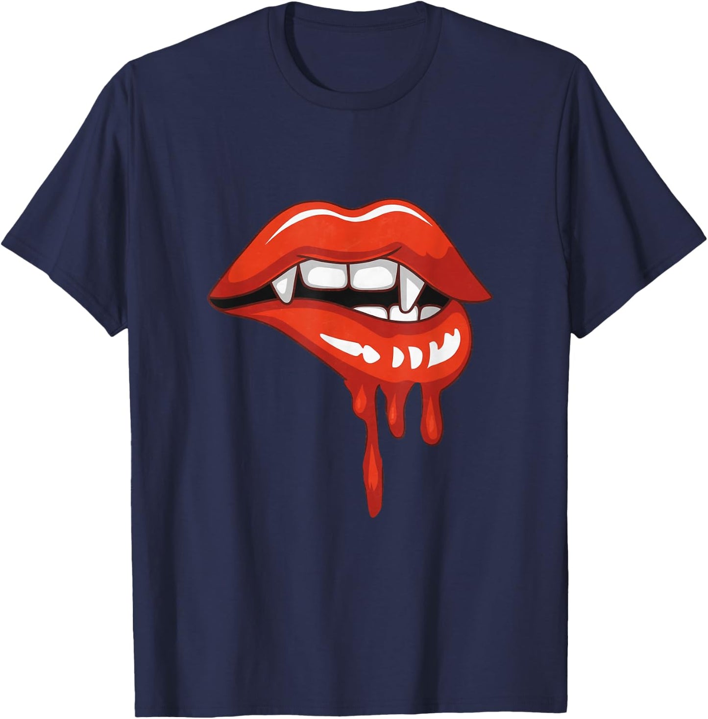 Red Lips Vampire Fangs Teeth Bite Dracula Halloween T-Shirt - T-Shirt | Navy
