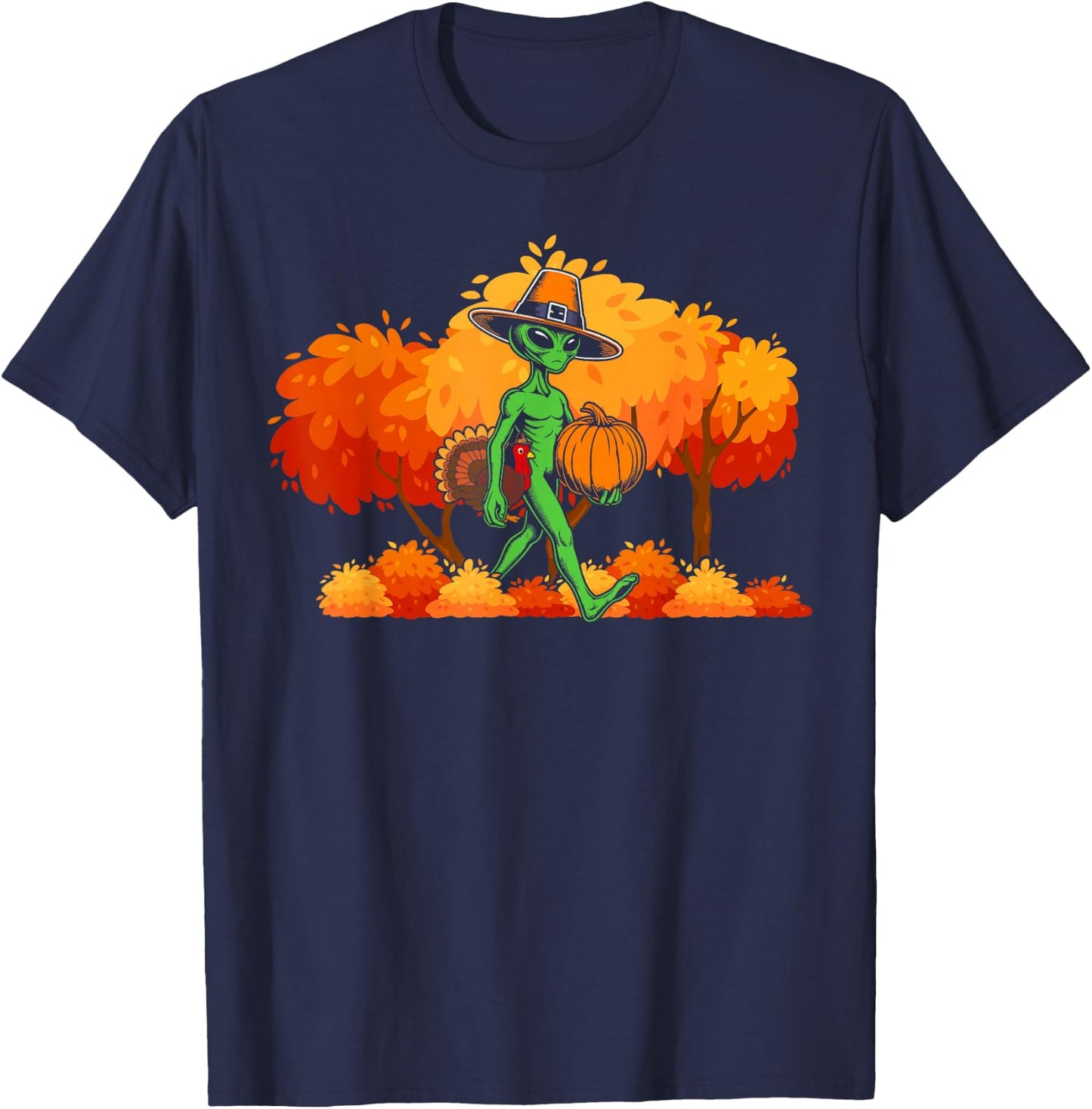 Alien thanksgiving Pilgrim Turkey Pumpkin autumn leaves fall T-Shirt - T-Shirt | Navy