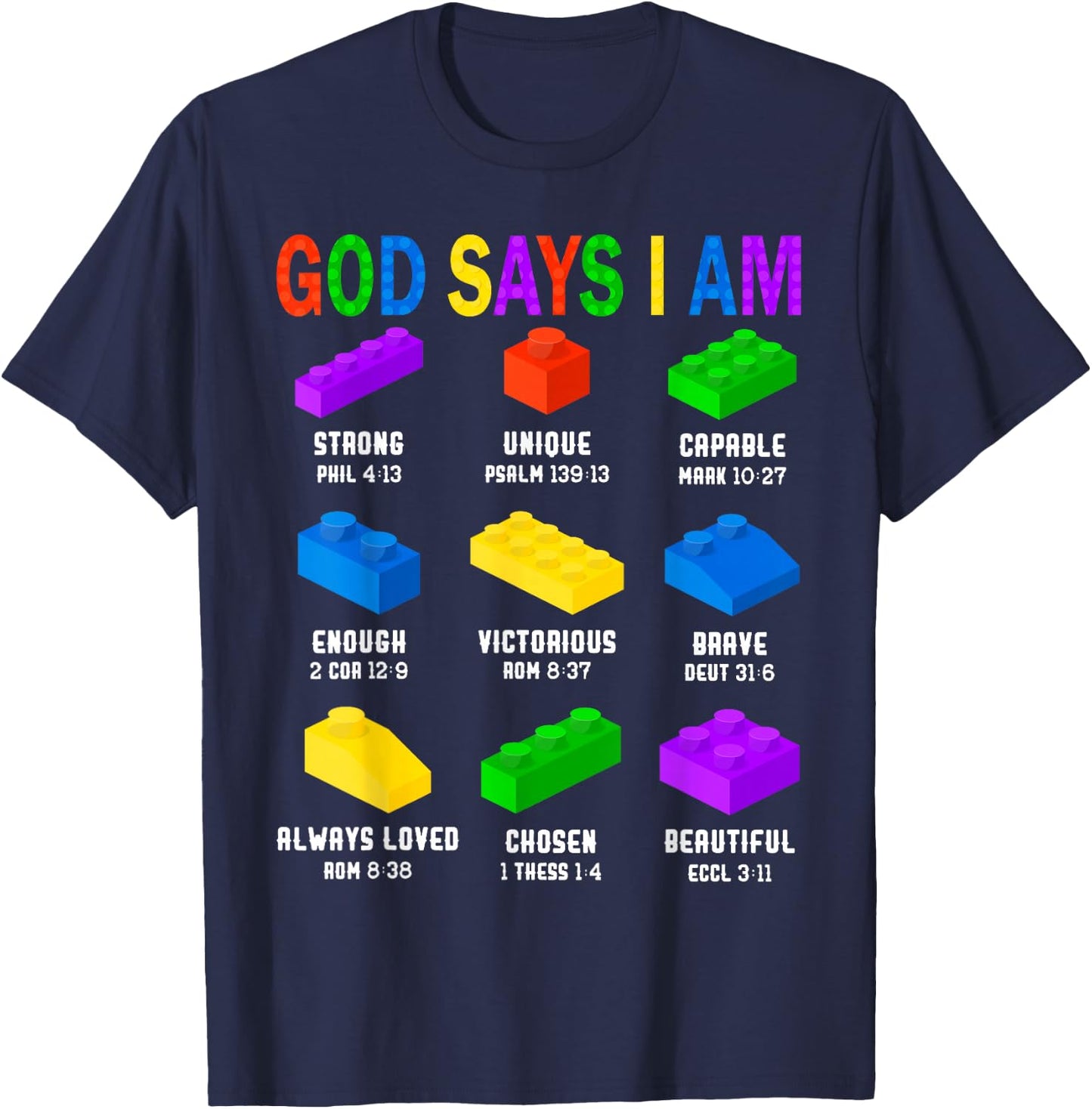 God Says I Am Building Brick Builder Block Boys Christian T-Shirt - T-Shirt | Navy