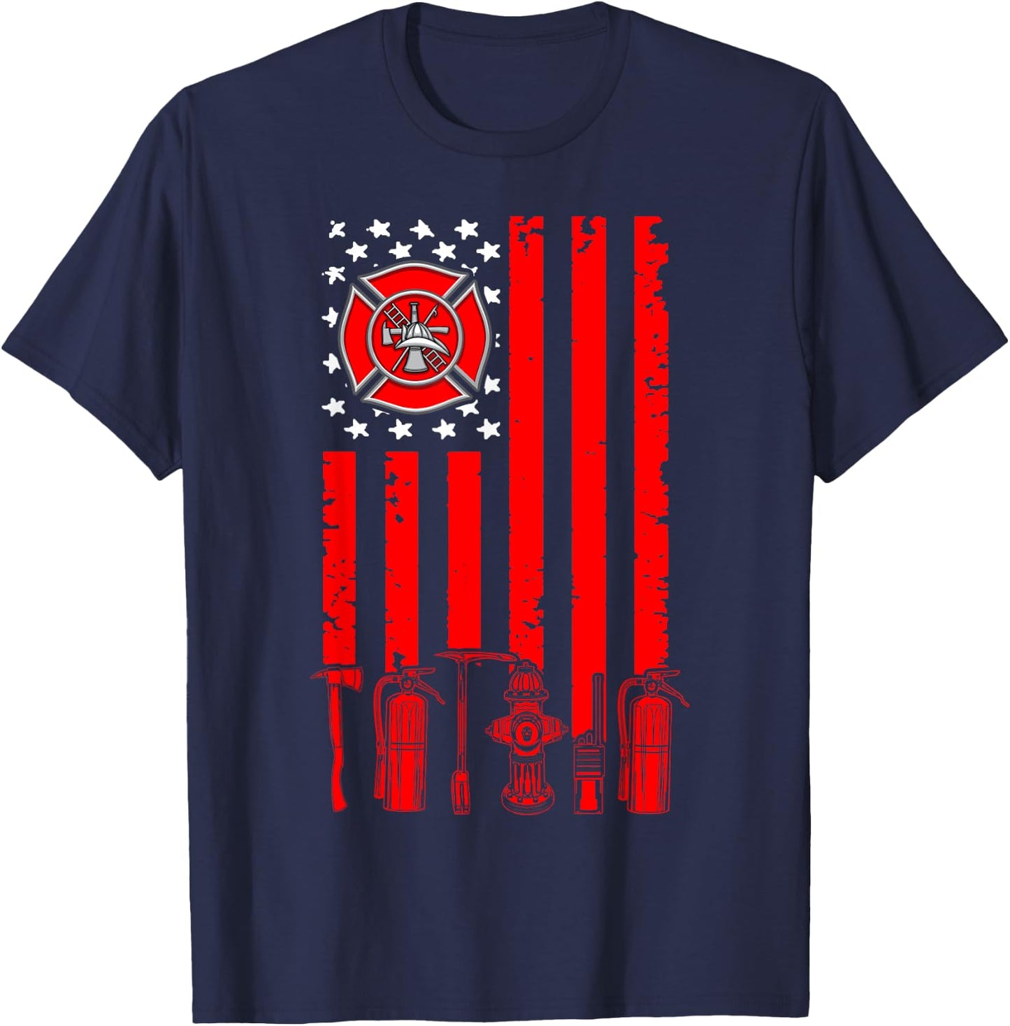 Fireman USA Flag Firefighter Firefighting Expert T-Shirt - T-Shirt | Navy