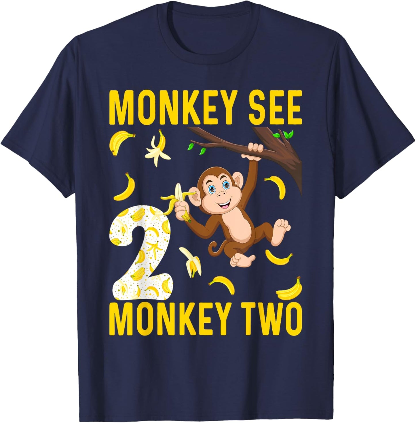 Kids 2 Years Old Monkey Party Themes 2nd Birthday T-Shirt - T-Shirt | Navy
