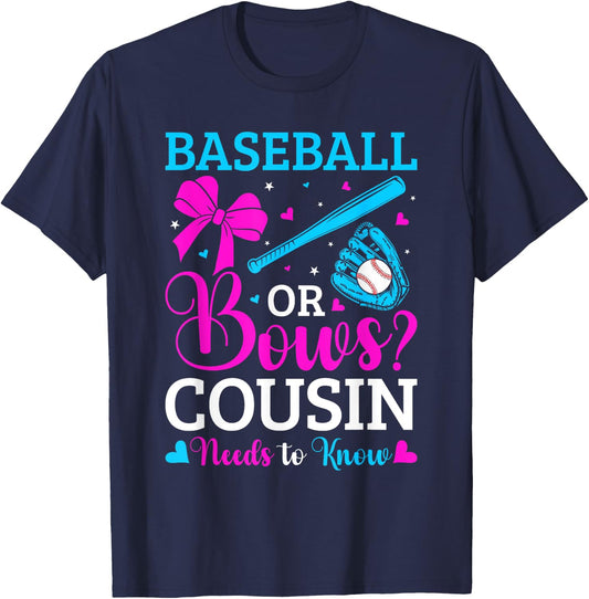 Gender Reveal Party Baseball Or Bows Pink Or Blue Cousin T-Shirt - T-Shirt | Navy