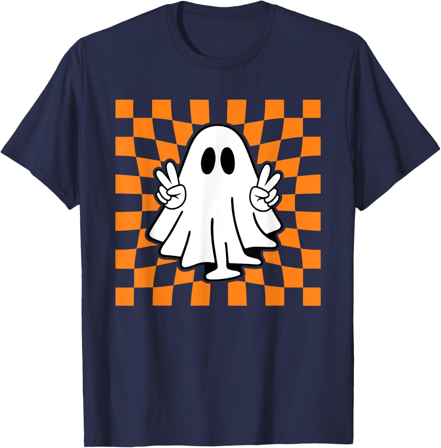 Peace Sign Halloween Ghost Boo Check Pattern T-Shirt - T-Shirt | Navy