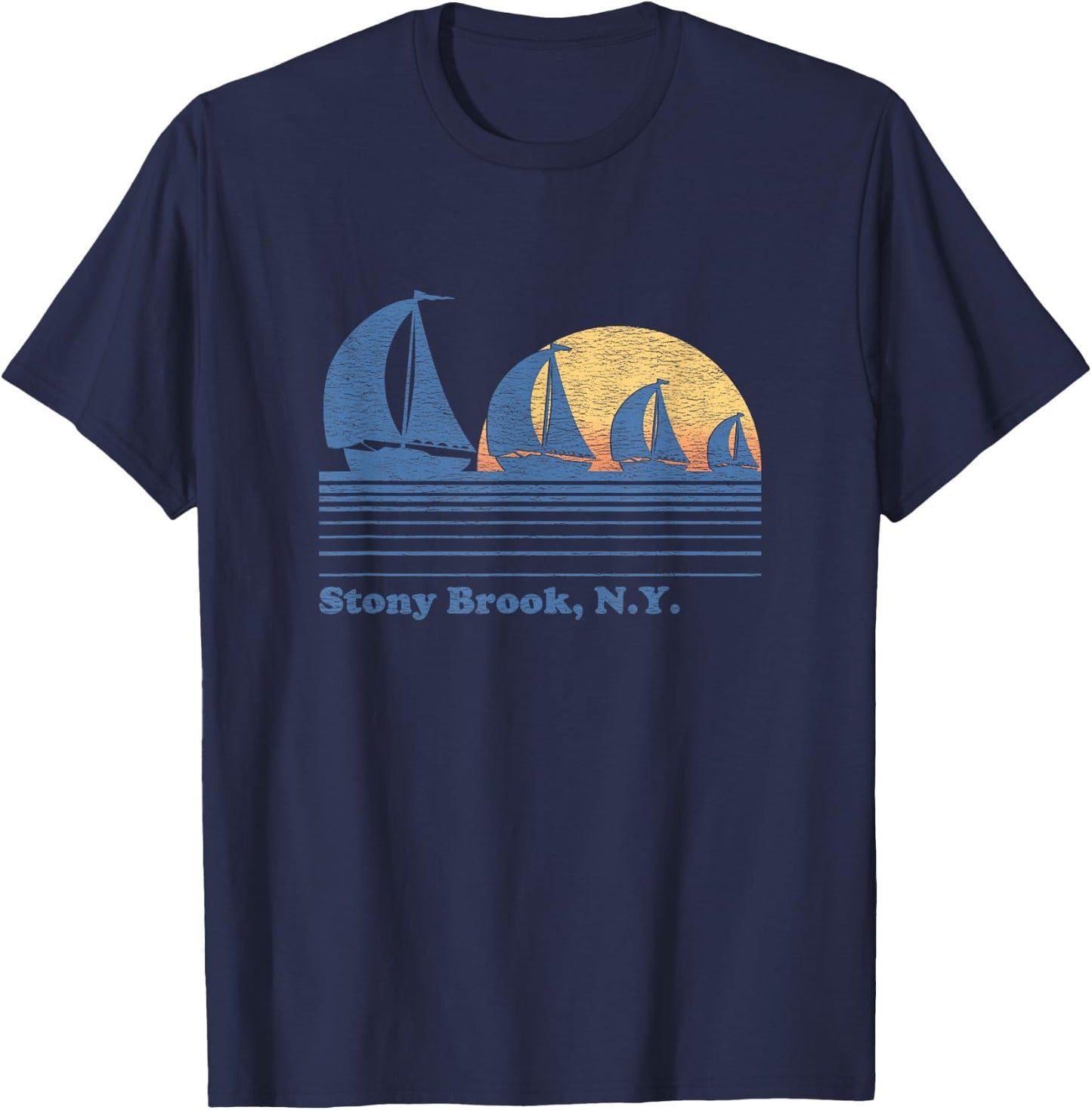 Stony Brook NY Sailboat Vintage 80s Sunset T-Shirt - T-Shirt | Navy