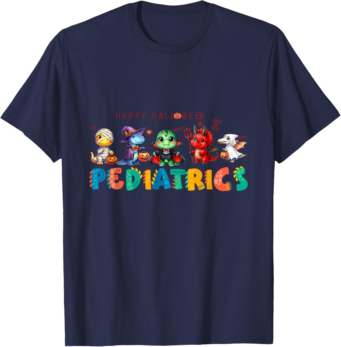 Pediatric Happy Halloween Cute Dinosaur Costume Nurse Crew T-Shirt - T-Shirt | Navy