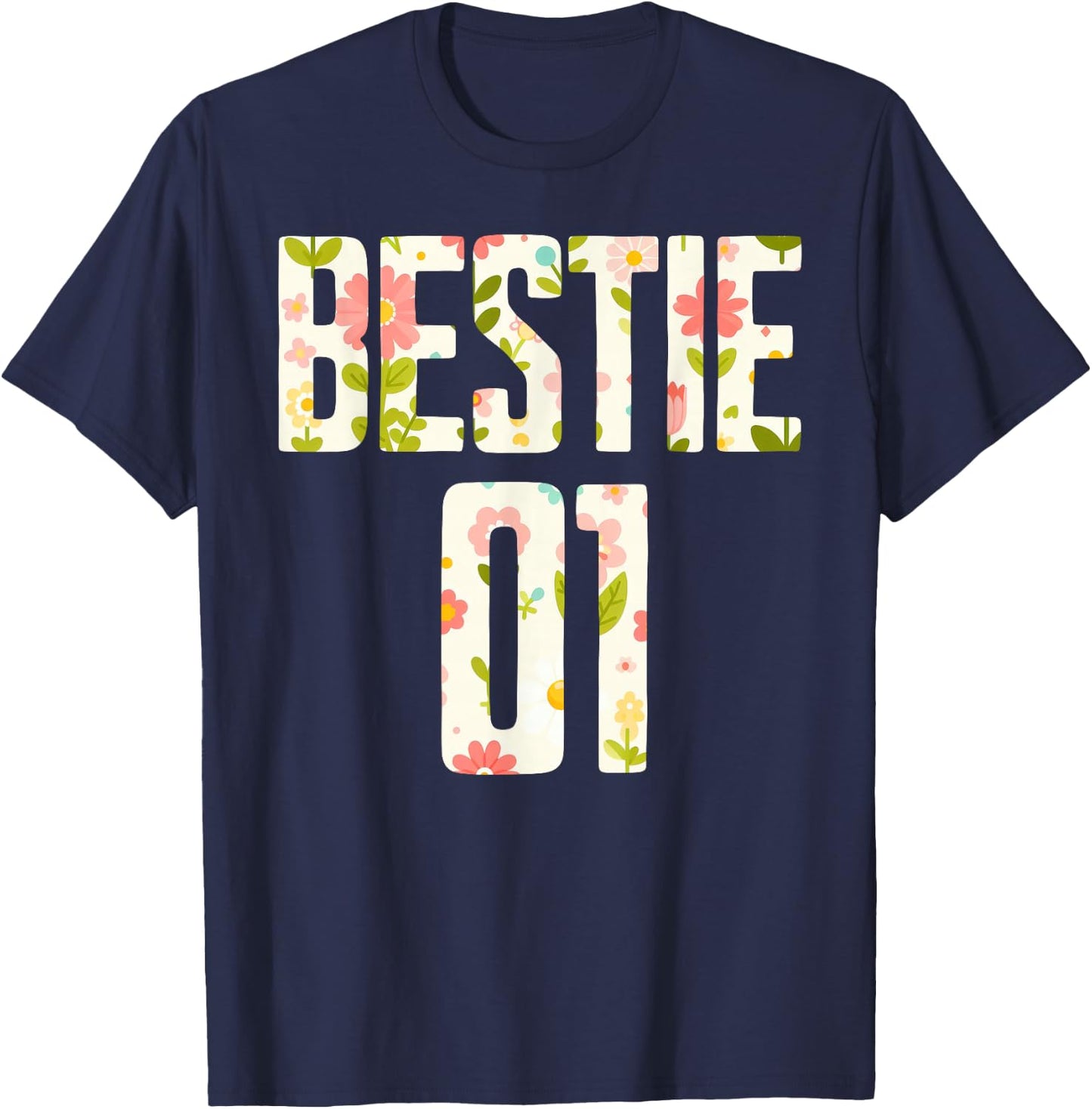 Bestie 1 Bestie 2 Matching Best Retro Flower Twinning Friend T-Shirt - T-Shirt | Navy