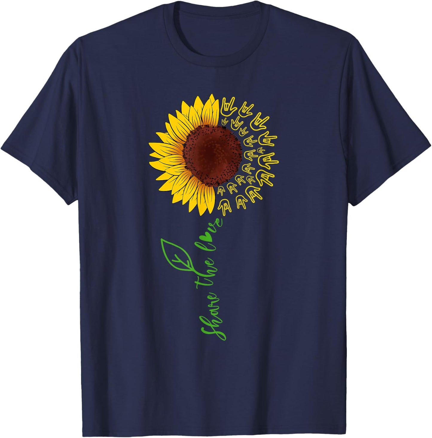 Sign Language ASL American Sunflower Share the Love T-Shirt - T-Shirt | Navy