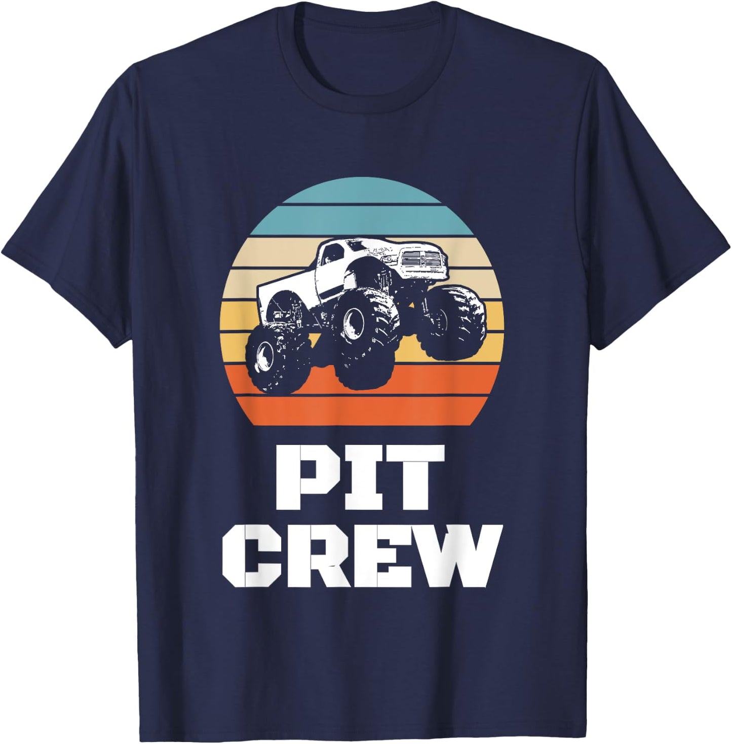 Pit Crew Monster Trucks Happy Sunset Retro Theme T-Shirt - T-Shirt | Navy