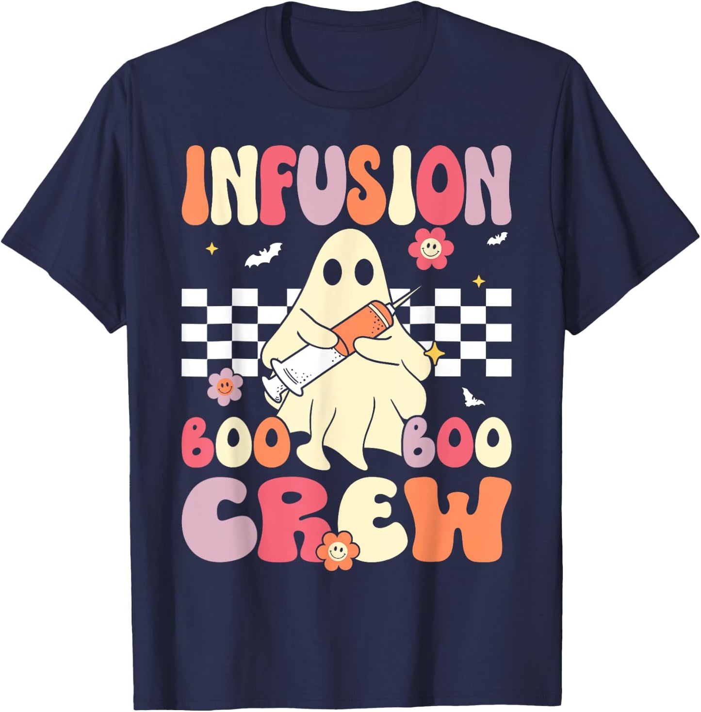 Infusion Nurse Boo Crew Groovy Retro Nurse Halloween T-Shirt - T-Shirt | Navy