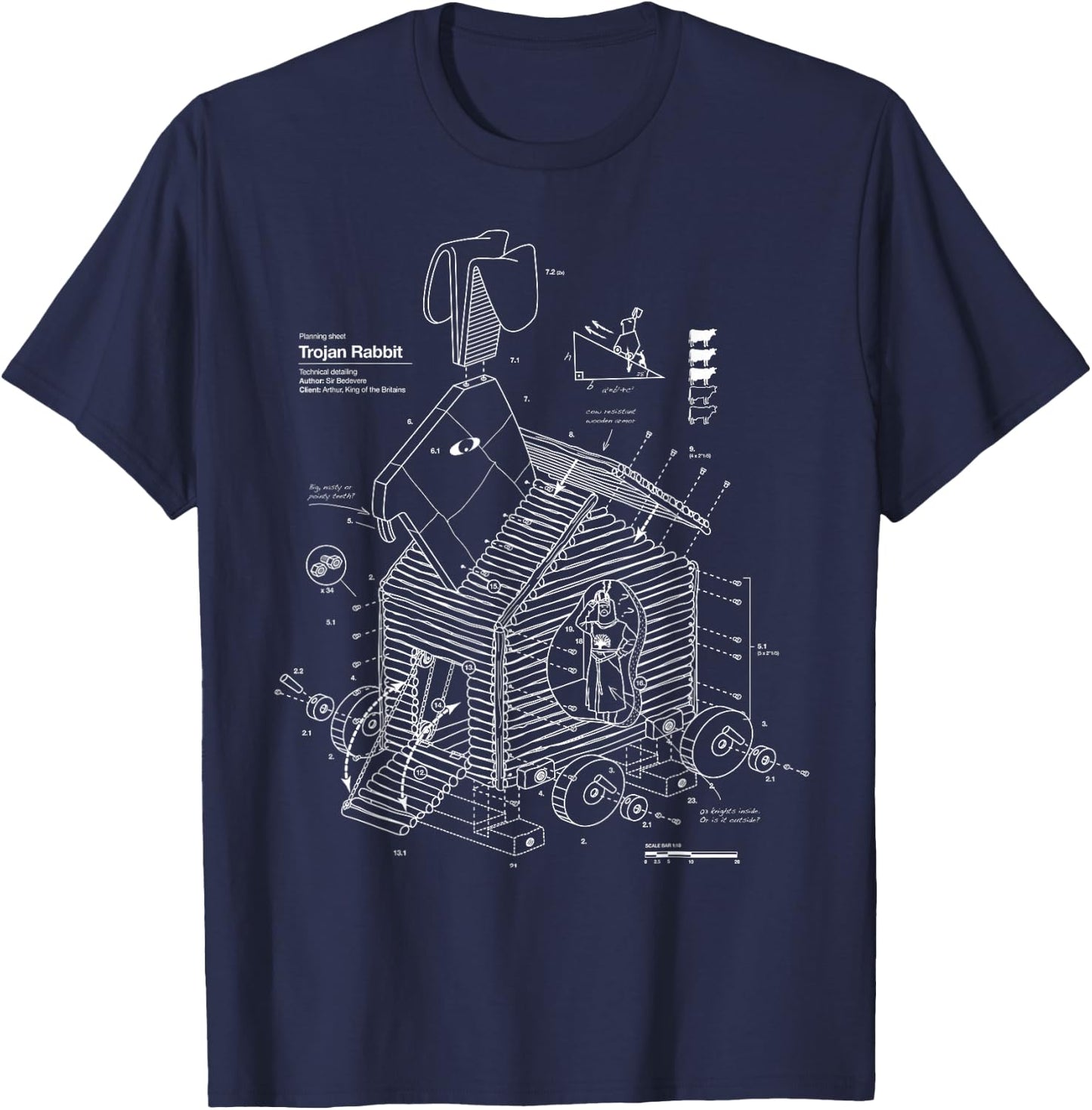 Vomaria.com Trojan Rabbit Funny - -Adults/Kids - Black - Short Sleeve - Cotton/Polyester - Small - - Classic Fit - Medieval-Themed - Movies T-Shirt - T-Shirt | Navy