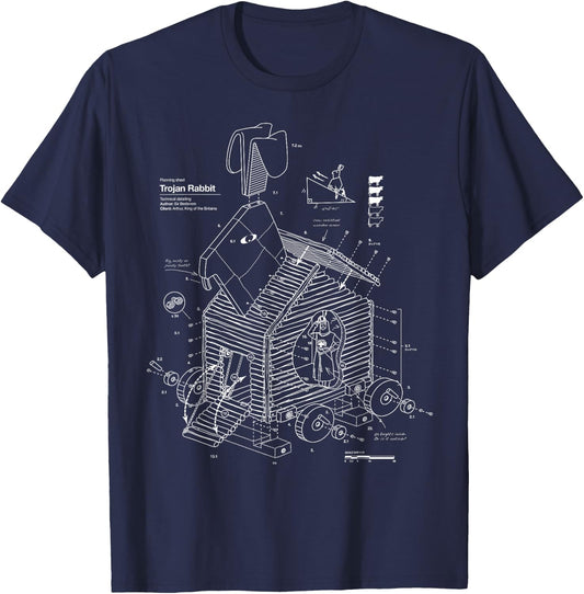 Vomaria.com Trojan Rabbit Funny - -Adults/Kids - Black - Short Sleeve - Cotton/Polyester - Small - - Classic Fit - Medieval-Themed - Movies T-Shirt - T-Shirt | Navy