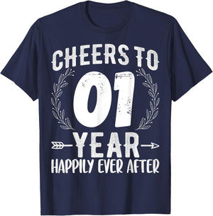 Cheers to 1 Year Happily - 1st Anniversary Husband Wife T-Shirt - T-Shirt | Navy